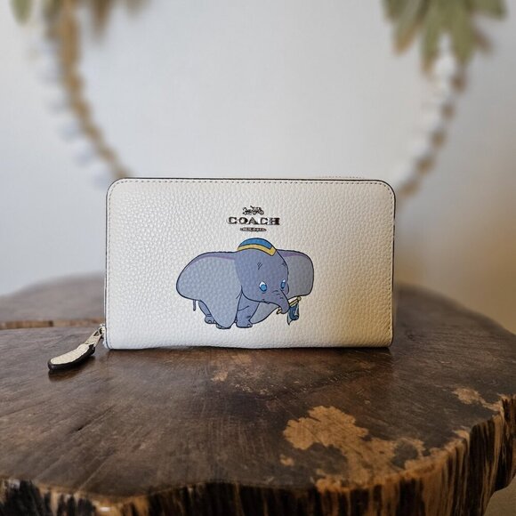 Disney Coach Dumbo Zip Wallet Ivory X Leather Accordion Long Wallet Logo Print - Picture 12 of 16
